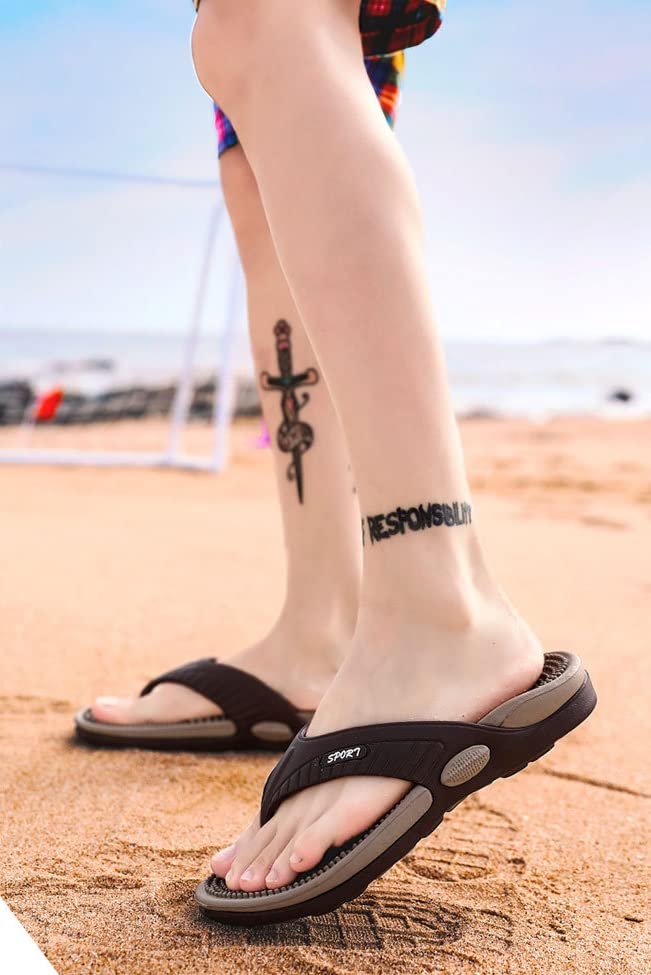DSLED Massage Flip Flops for Men & Women, with Arch Support Summer Breathable Beach Shoes, Acupressure Sandals Massage Slippers, Relief Plantar Fasciitis Heel Arch Arthritis Pain, Khaki