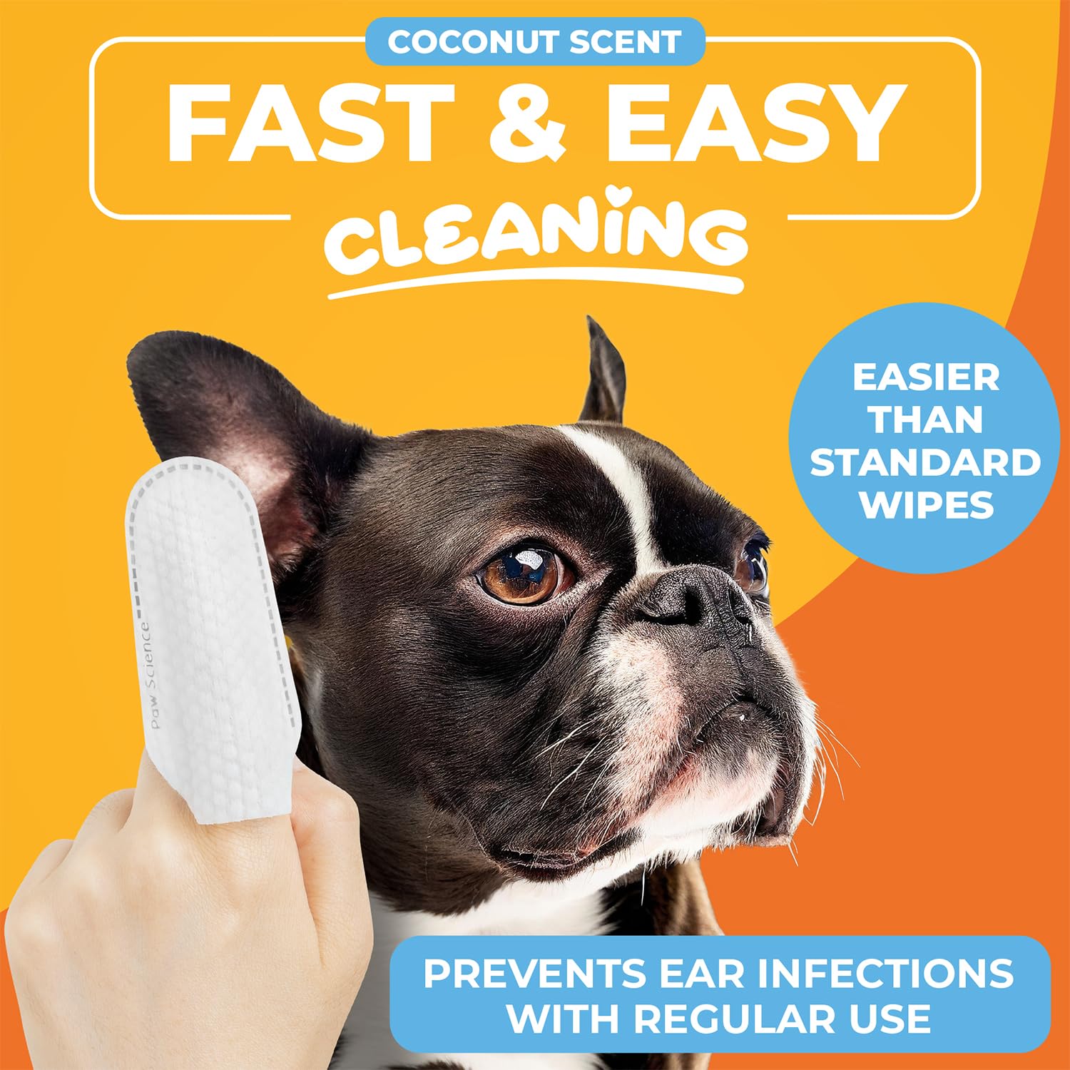 Paw Science Dog Ear Cleaner Wipes – Finger Wipes for Dogs & Cats – Cleaning, Soothing, & Deodorizing Itchy Ears – Pet Ear Relief Solution (Coconut)