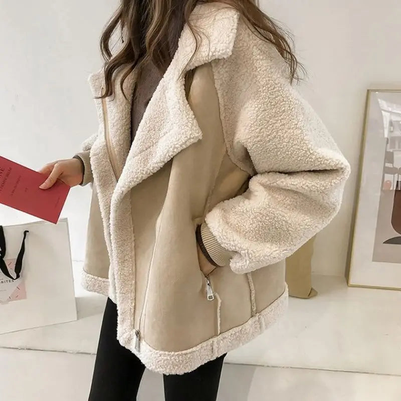 Women’s Faux Shearling Moto Jacket – Medium Length, Front Zipper, Warm Mid-Weight Coat