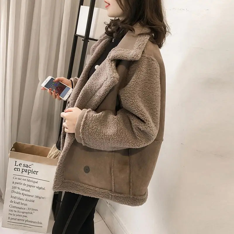 Women’s Faux Shearling Moto Jacket – Medium Length, Front Zipper, Warm Mid-Weight Coat