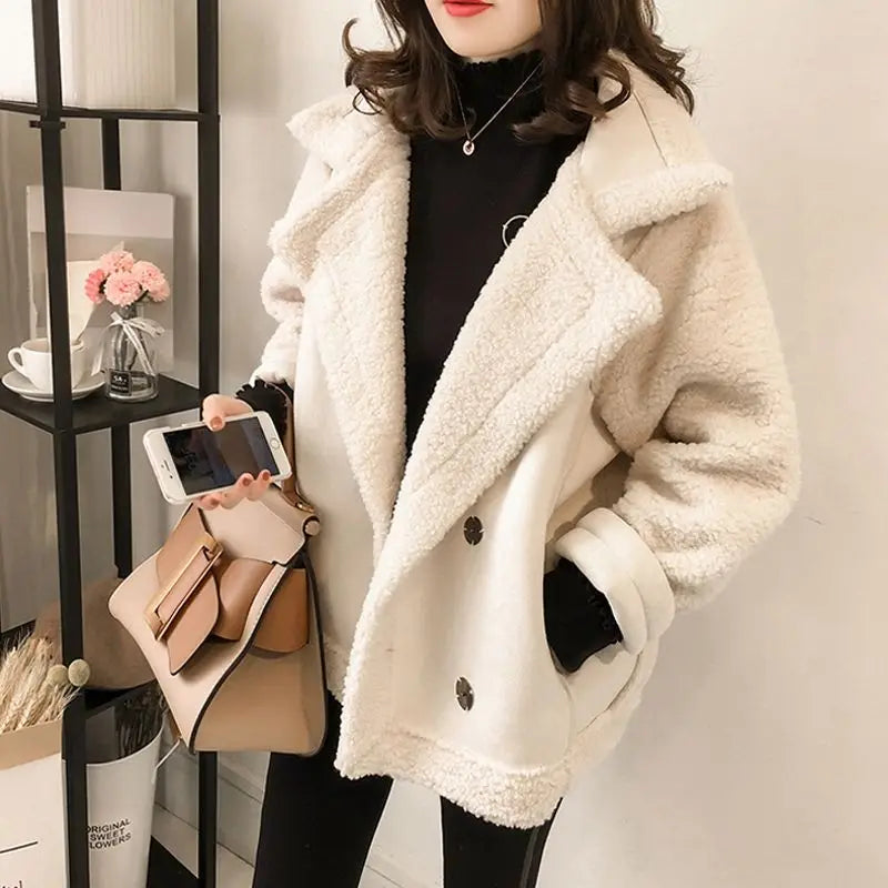 Women’s Faux Shearling Moto Jacket – Medium Length, Front Zipper, Warm Mid-Weight Coat