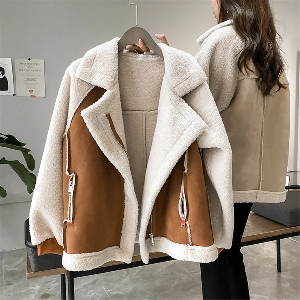 Women’s Faux Shearling Moto Jacket – Medium Length, Front Zipper, Warm Mid-Weight Coat