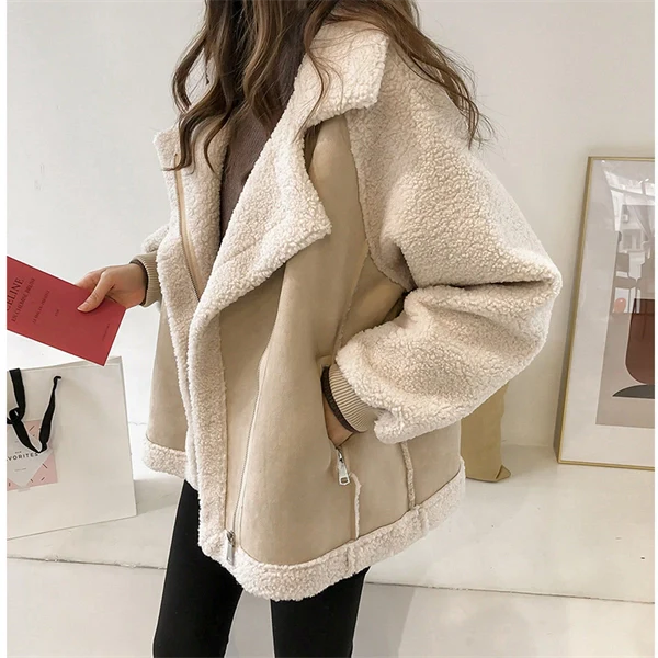 Women’s Faux Shearling Moto Jacket – Medium Length, Front Zipper, Warm Mid-Weight Coat